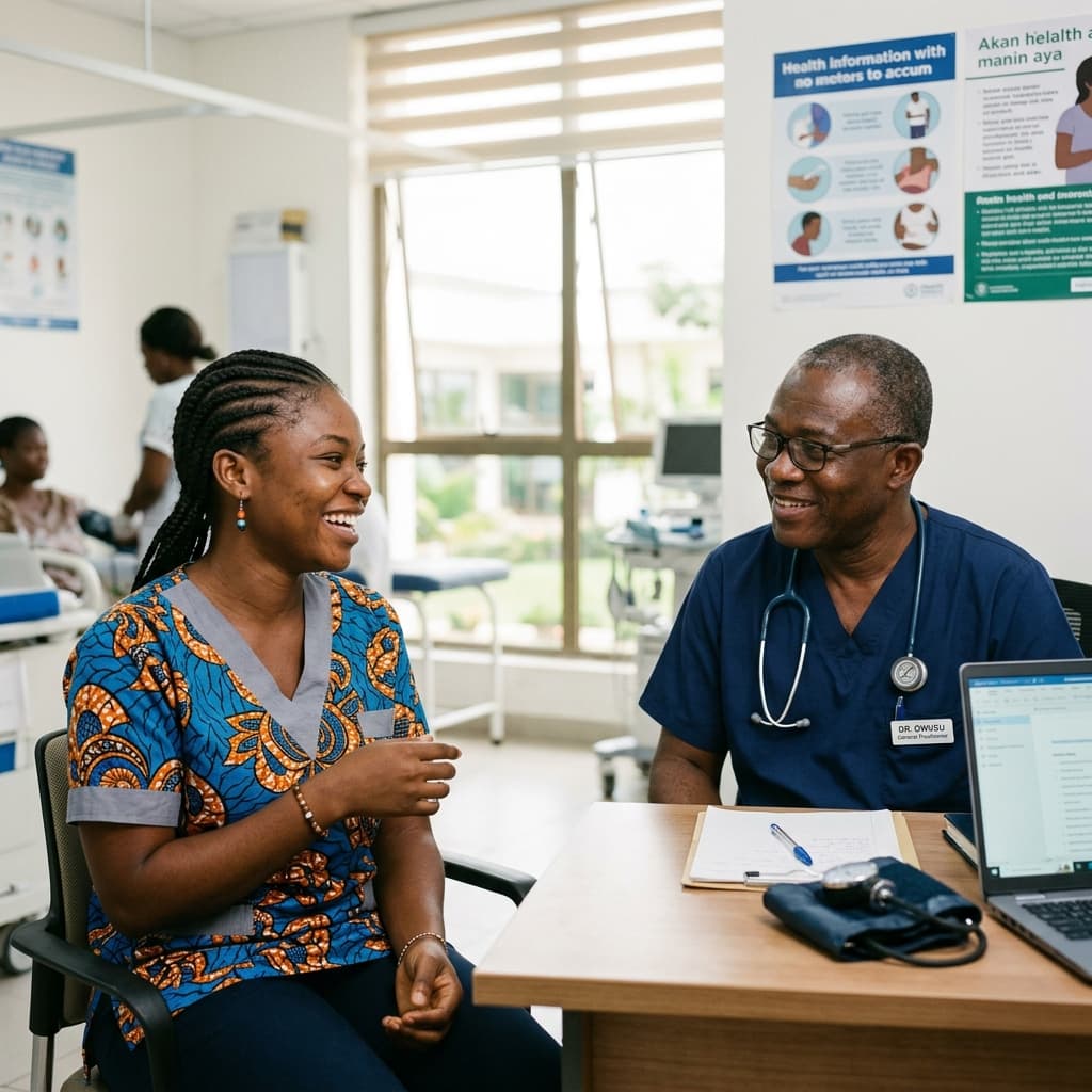 Ghanaian patient consulting with a doctor at a modern clinic